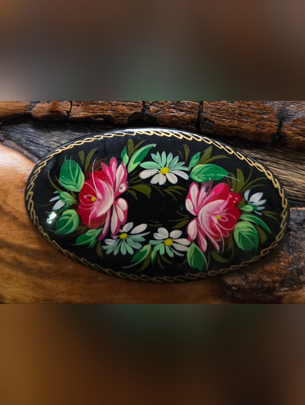 Hand Crafted Brooch Wooden Lacquer Floral 2" X 1 ¼"